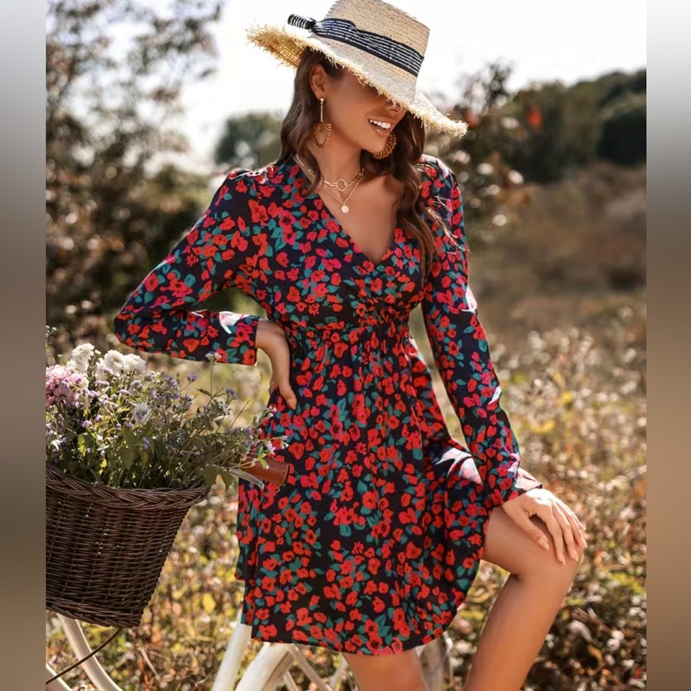 Floral Long Sleeve Dress - Red and Black